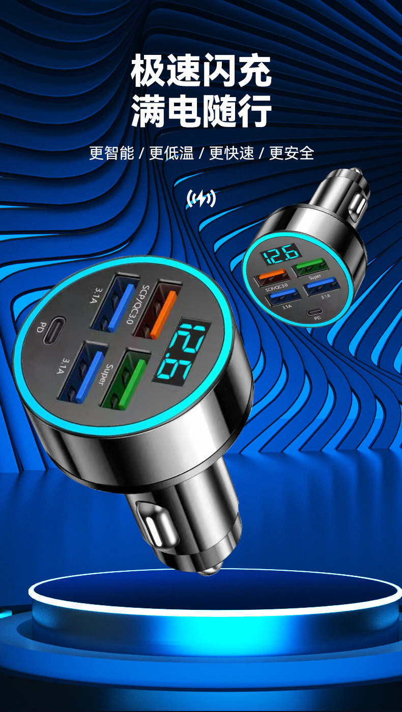 数显超级快充 PD+QC3.0跨境车充金属多功能66W车载充电器工厂直销详情1