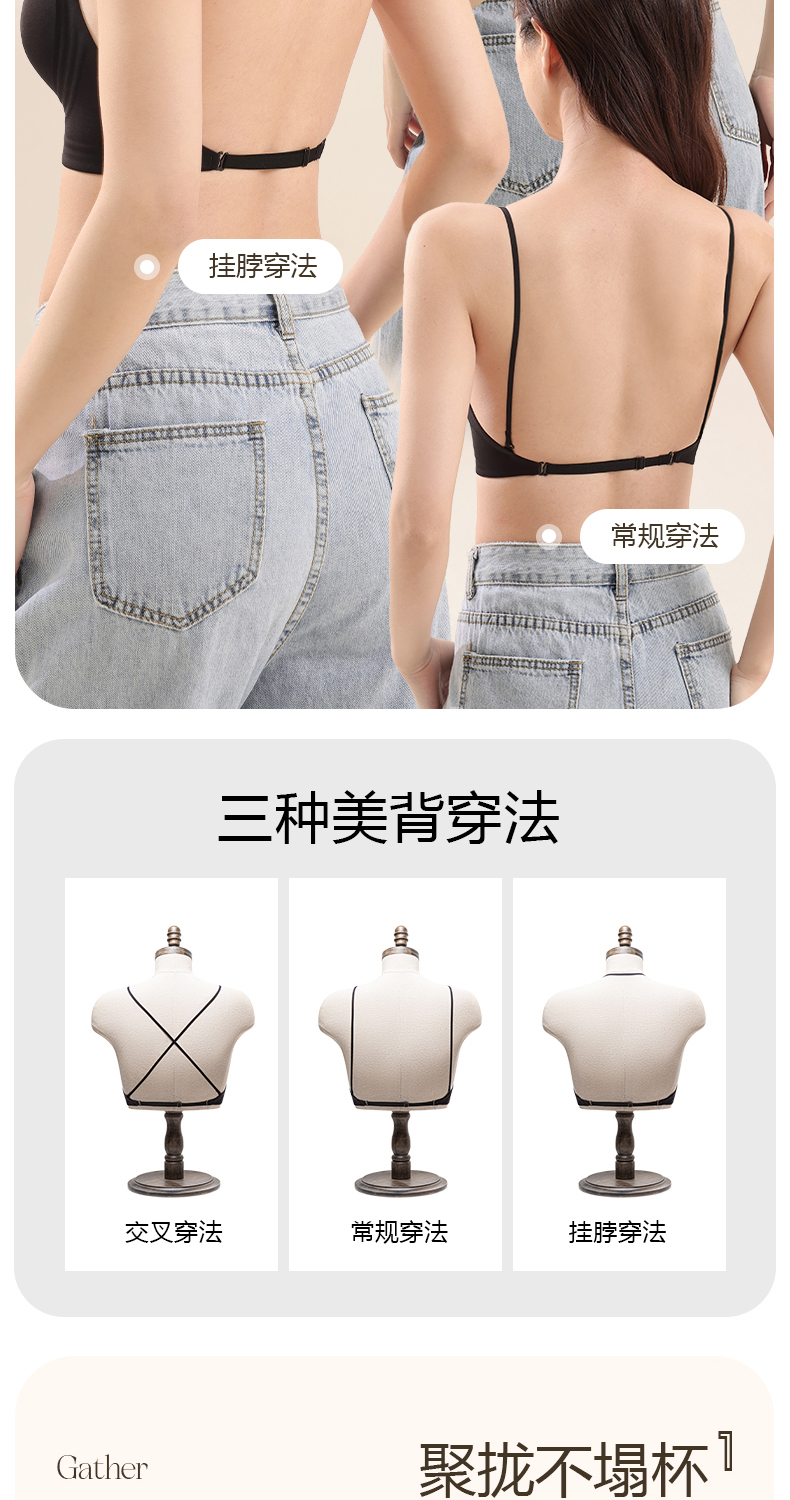 草本原版u型美背内衣女细肩带聚拢大露背隐形无痕粉底液挂脖文胸详情4