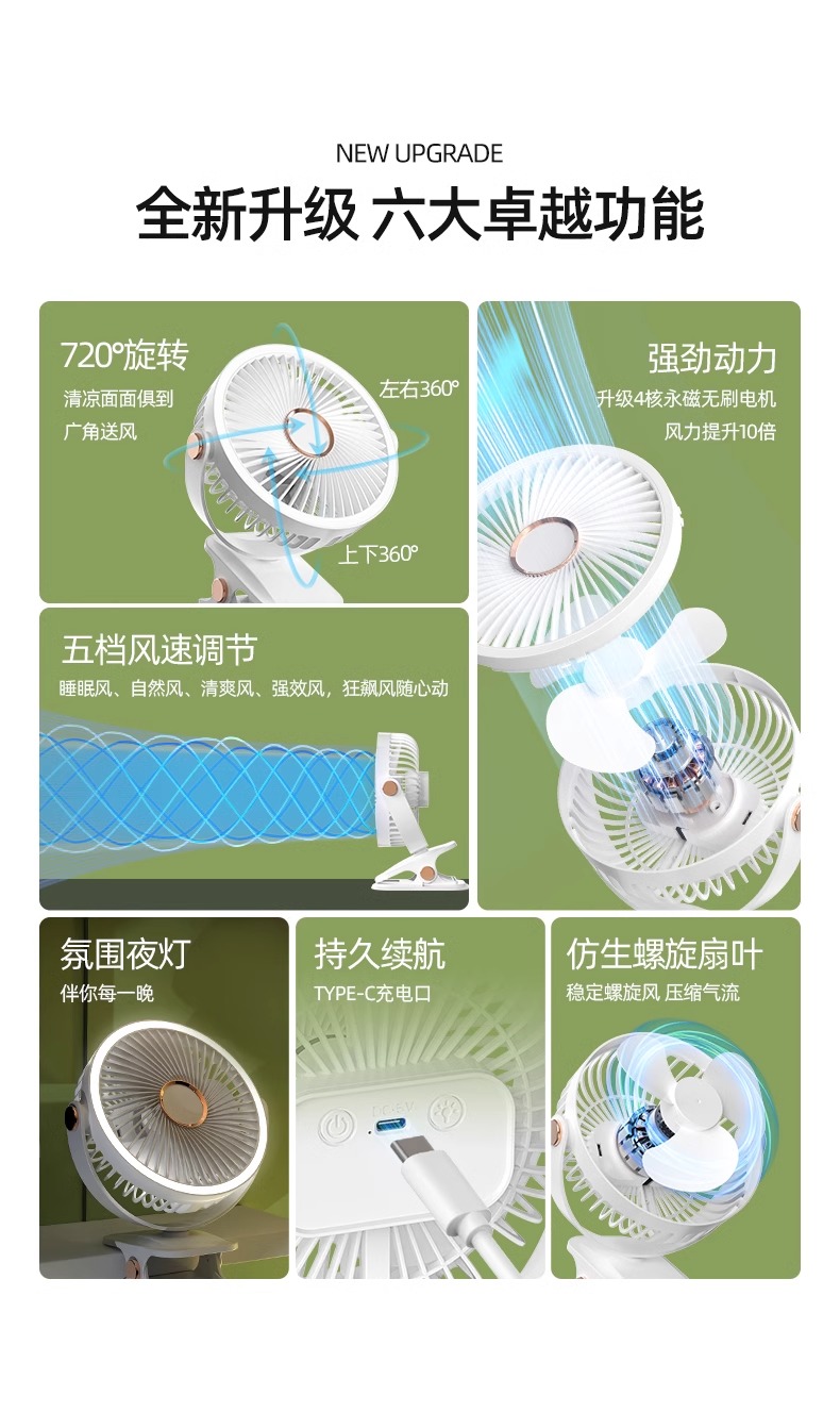 usb charging clip small fan, student dormitory bed night light clip fan, office desk clip light fan pic 10