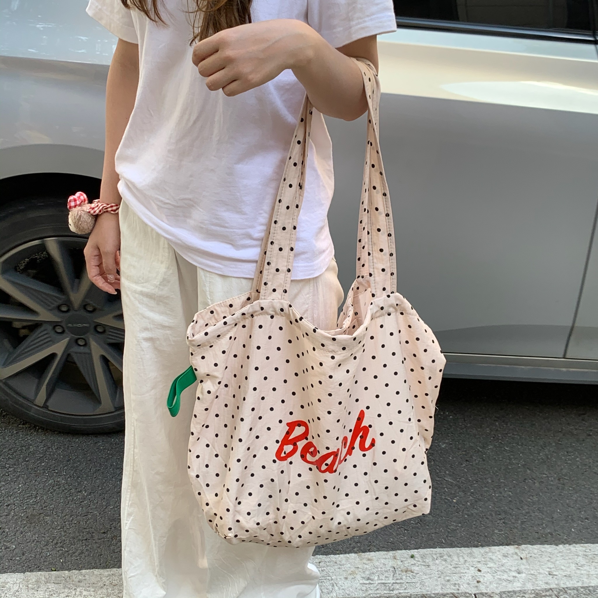 Summer new Japanese polka dot printed letter single-shoulder tote bag with large capacity, fresh and cute hand-held shopping bag pic 12