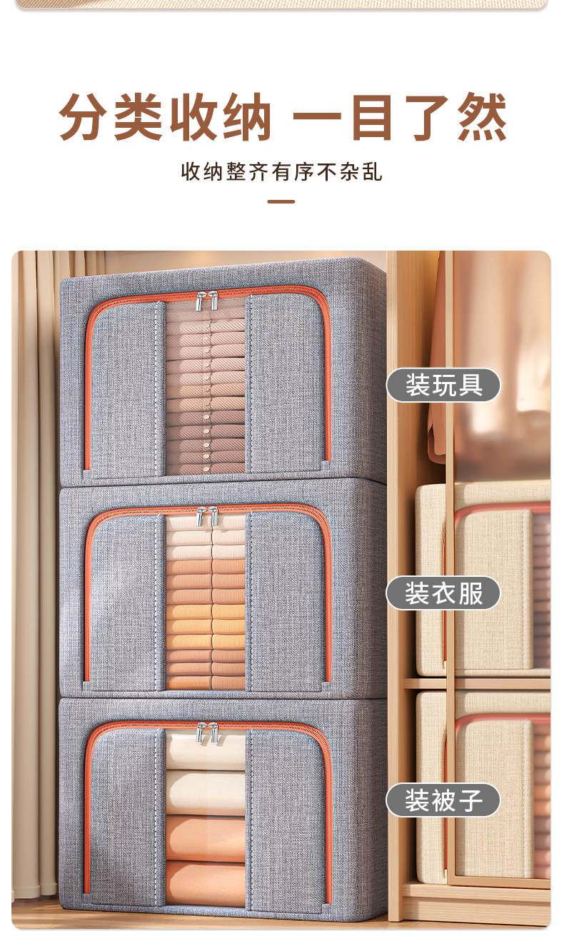 跨境棉麻钢架收纳箱衣柜家用搬家整理箱棉被衣服玩具布艺收纳箱详情10