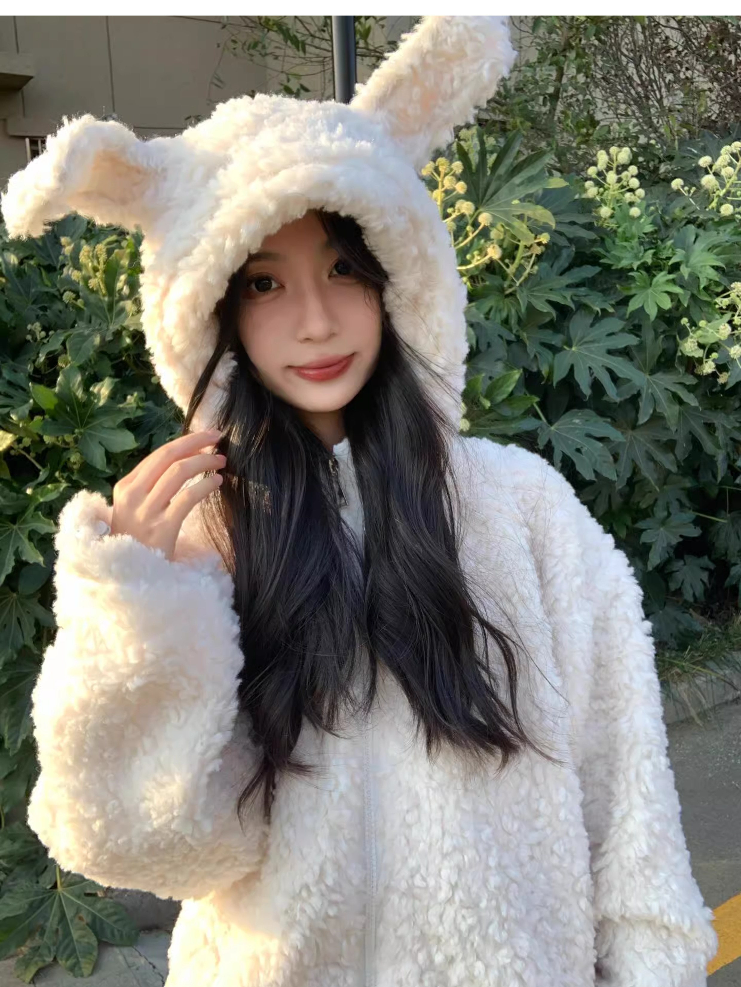 美式兔耳朵毛绒连帽皮草毛毛外套女冬季2024新款可爱宽松加厚上衣详情16