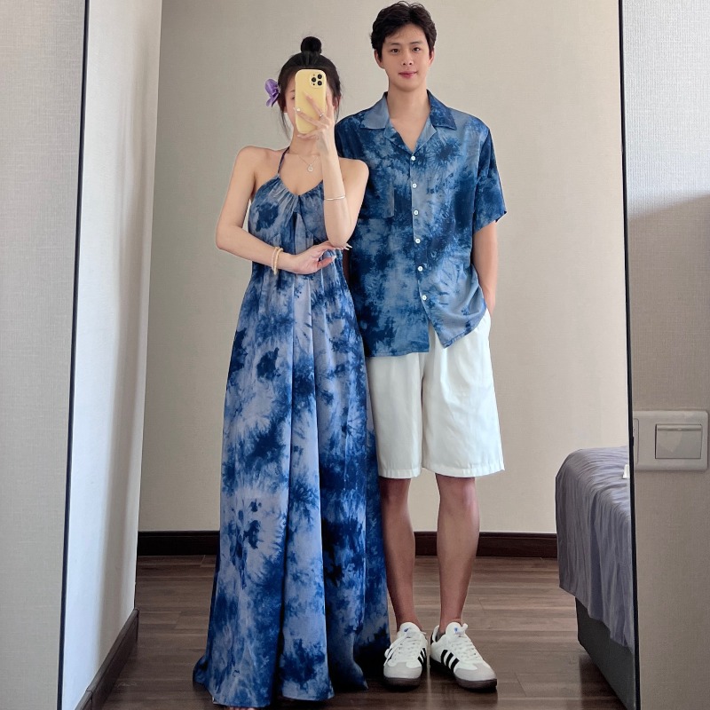 Couple's Summer Outfits, One Skirt And One Dress, 2025 New Short-Sleeved Shirt, Seaside Vacation Style Women's Tie-Dye Halter Dress