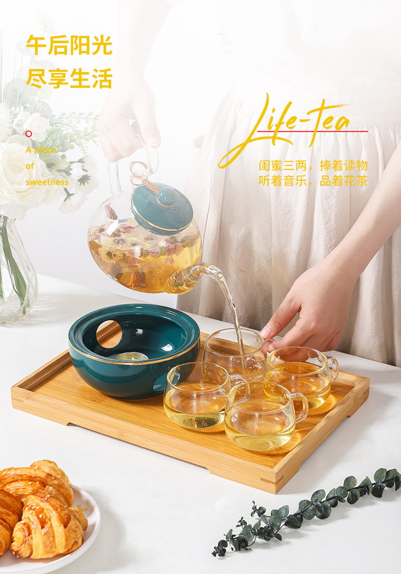 9WOR heat-resistant glass flower teapot set, afternoon tea, fruit tea, herbal tea, tea set with filter, included candles for heat preservation pic 7