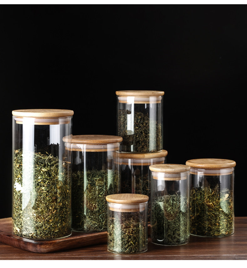 厂家批发高硼硅玻璃密封罐收纳瓶糖果储物罐直管茶叶罐竹盖茶叶罐详情16