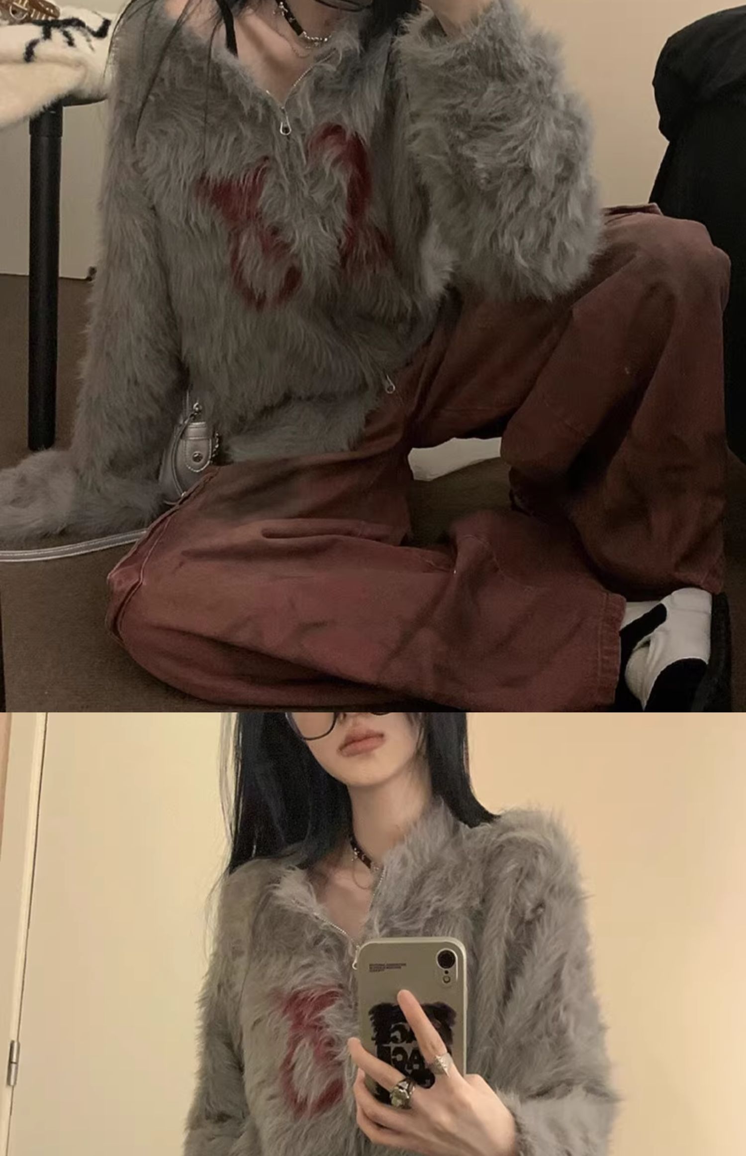 美式复古灰色毛茸茸毛衣女慵懒风秋冬潮流保暖舒适海马毛针织衫详情5