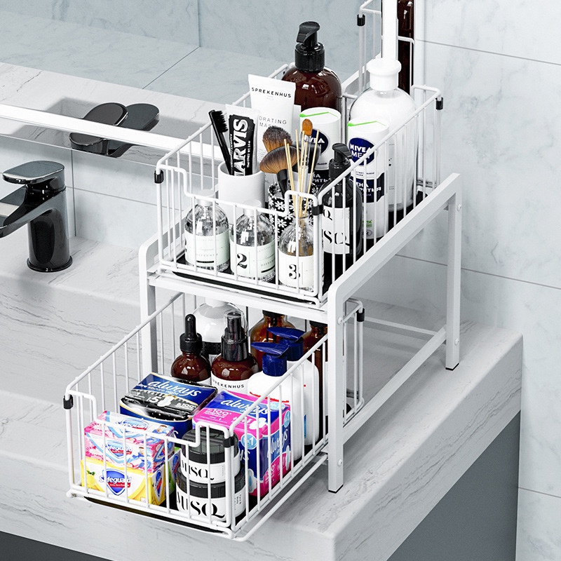 Double-layer pull-out storage rack under the kitchen sink, built-in cabinet layer rack, bathroom drawer organization rack details Picture