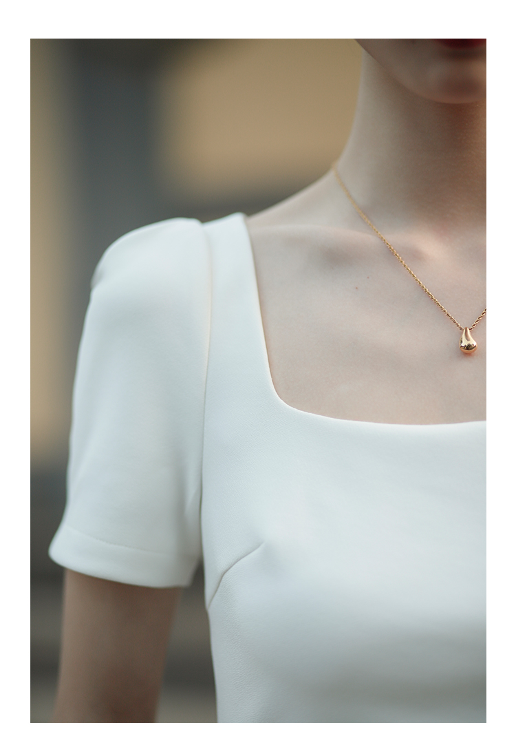 白色法式小礼服方领短袖修身微弹力长款领证订婚小晚礼服连衣裙详情6