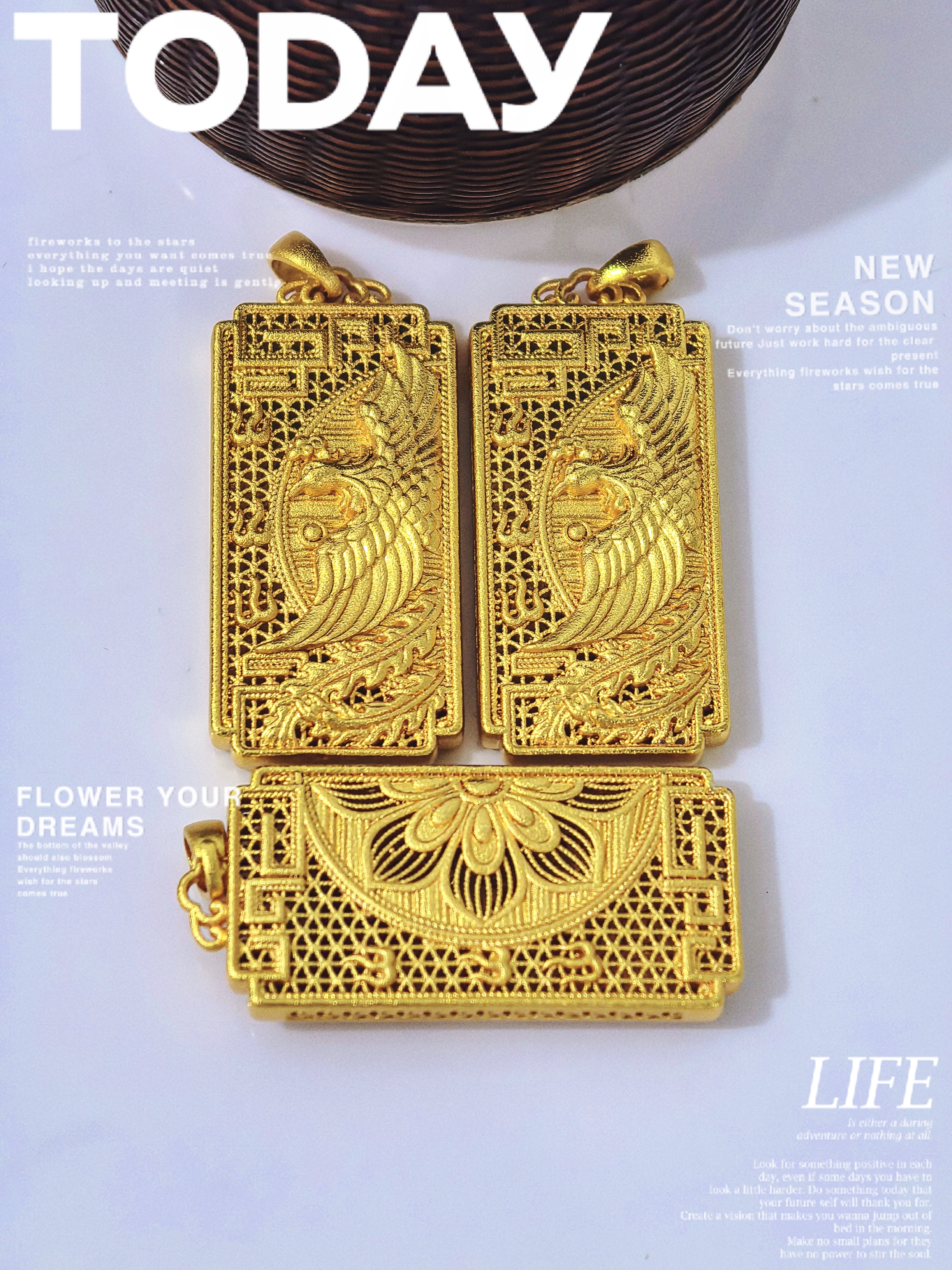 Chinese-style ancient-style golden phoenix Flying pendant square plate filigree hollowed-out auspicious cloud phoenix pendant pic 4