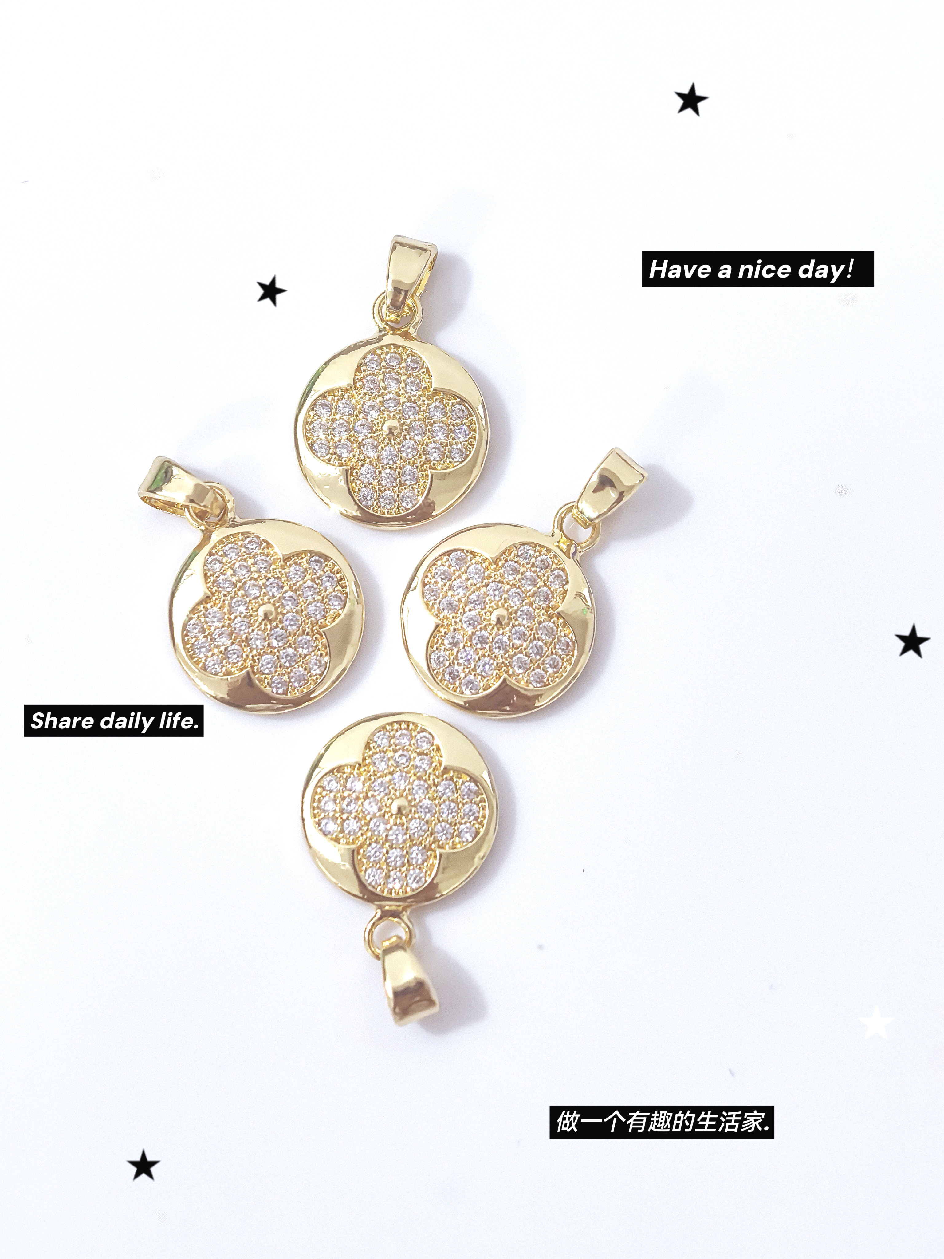 European and American style simple and elegant, slightly inlaid zircon round flower stud pendant, DIY copper-plated 18K color retention accessory necklace pic 3