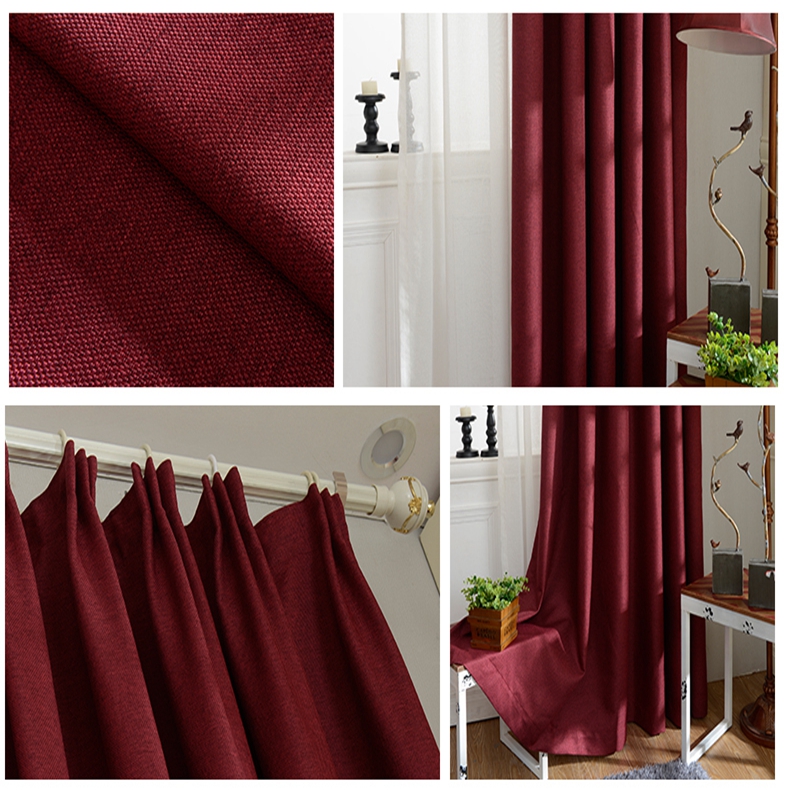 房间窗帘遮光卧室隔断挡阳台客厅背景酒楼宾馆复古酒红色棉麻成品