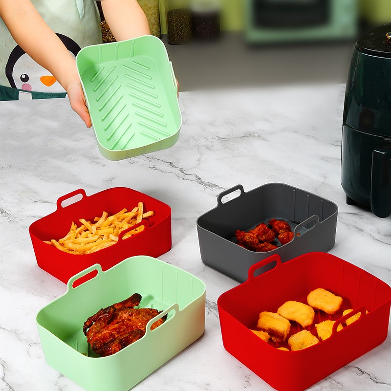 长方形空气炸锅专用矽胶烤盘加厚带提手蒸锅盘家用食品级耐高温