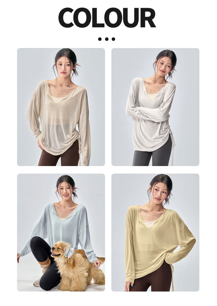 Loose yoga wear for fitness girls, casual and slimming solid-color smock, V-neck breathable long-sleeved Pilates training wear pic 10