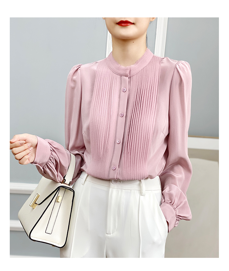 左左家 温柔气质重工风琴褶真丝衬衫女圆领气质灯笼袖桑蚕丝上衣详情14