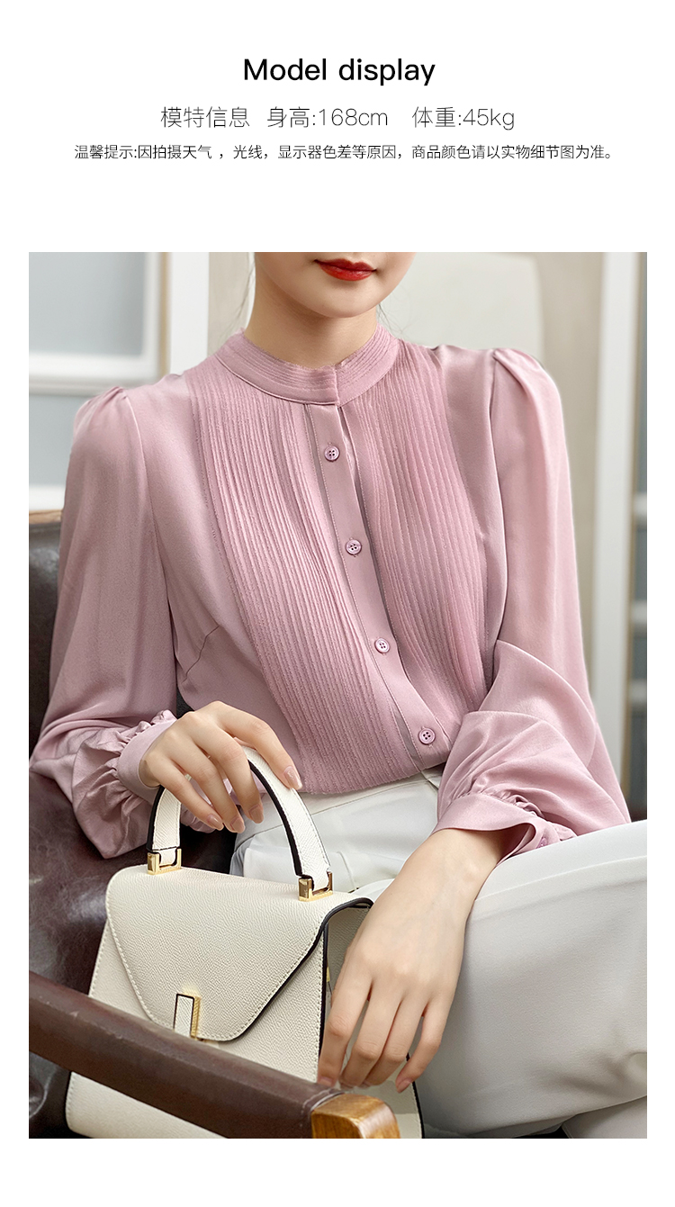 左左家 温柔气质重工风琴褶真丝衬衫女圆领气质灯笼袖桑蚕丝上衣详情10