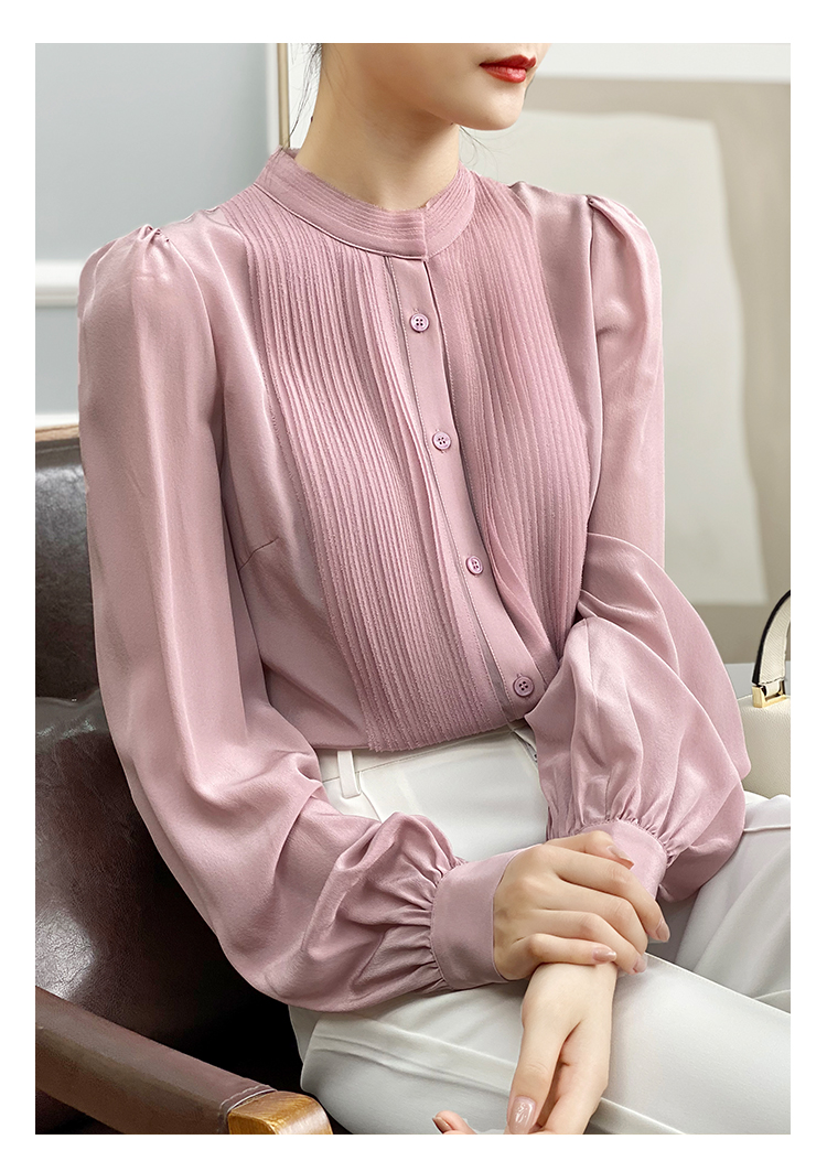 左左家 温柔气质重工风琴褶真丝衬衫女圆领气质灯笼袖桑蚕丝上衣详情11