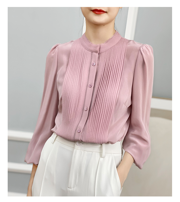 左左家 温柔气质重工风琴褶真丝衬衫女圆领气质灯笼袖桑蚕丝上衣详情15