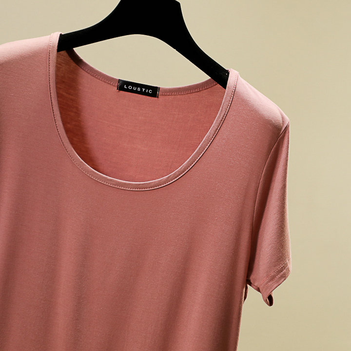 Spring and summer round-neck Korean-style candy-colored modal base layer, short-sleeved large U-neck top, loose basic T-shirt for women pic 33