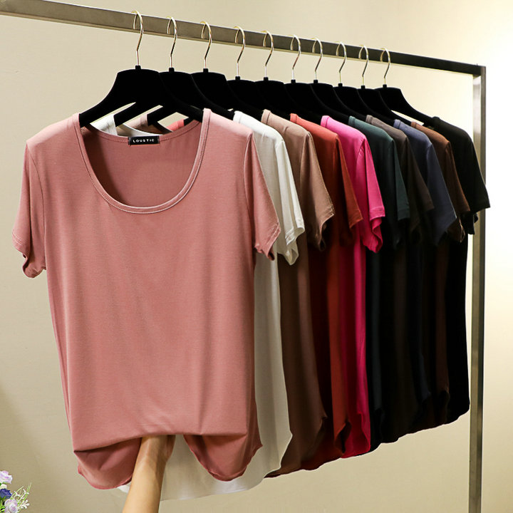 Spring and summer round-neck Korean-style candy-colored modal base layer, short-sleeved large U-neck top, loose basic T-shirt for women pic 9
