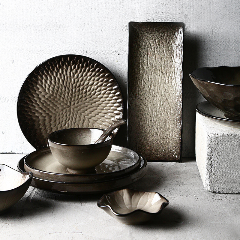 Retro restaurant, Japanese hotel, kitchen, home Black Mist series ceramic tableware set, plates, bowls and dishes