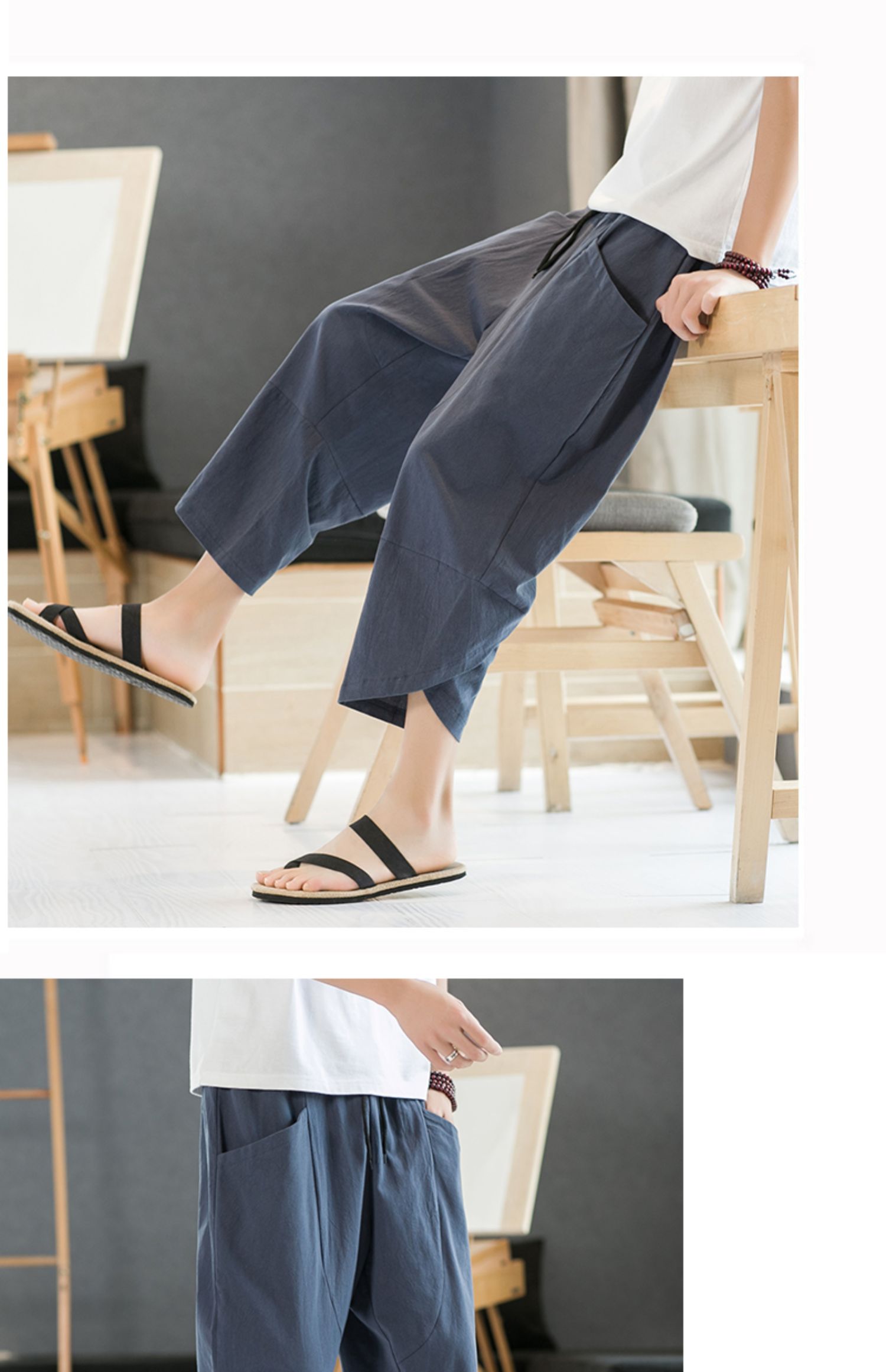 Aliexpress 2022 Summer New Style Chinese style simple solid color seven-inch wide-leg pants for men, beach pants, casual pants for men pic 7