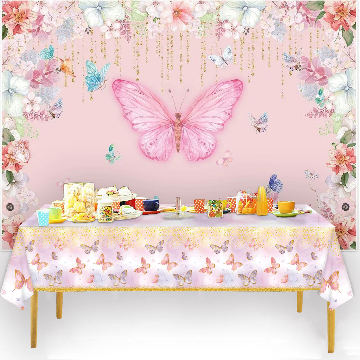 一次性桌布卡通动物蝴蝶美人鱼粉色鱼鳞生日派对野餐装饰防水台布详情图3