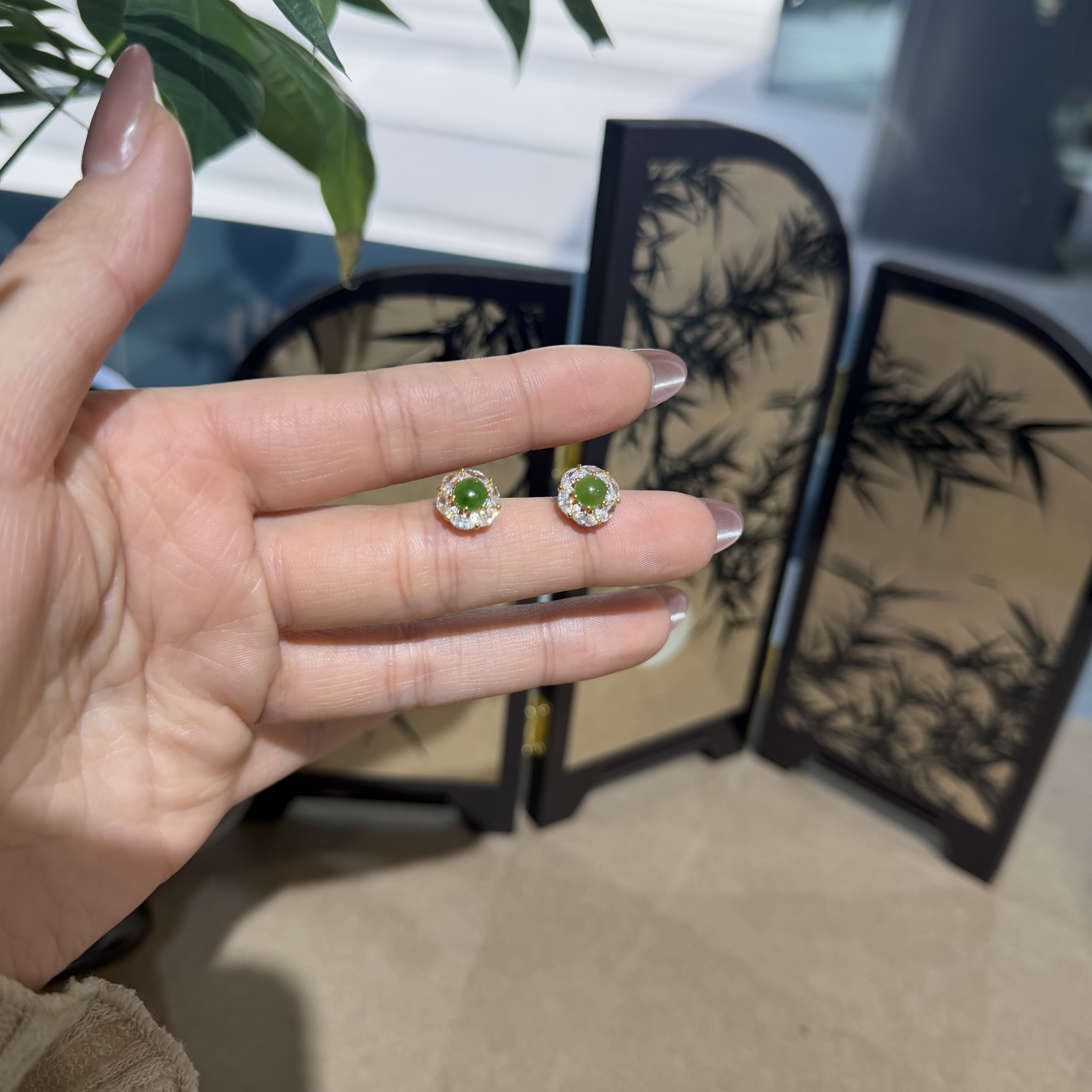 【一妃聚宝】天然和田玉碧玉耳钉女小众设计银镶耳钉时尚百搭款