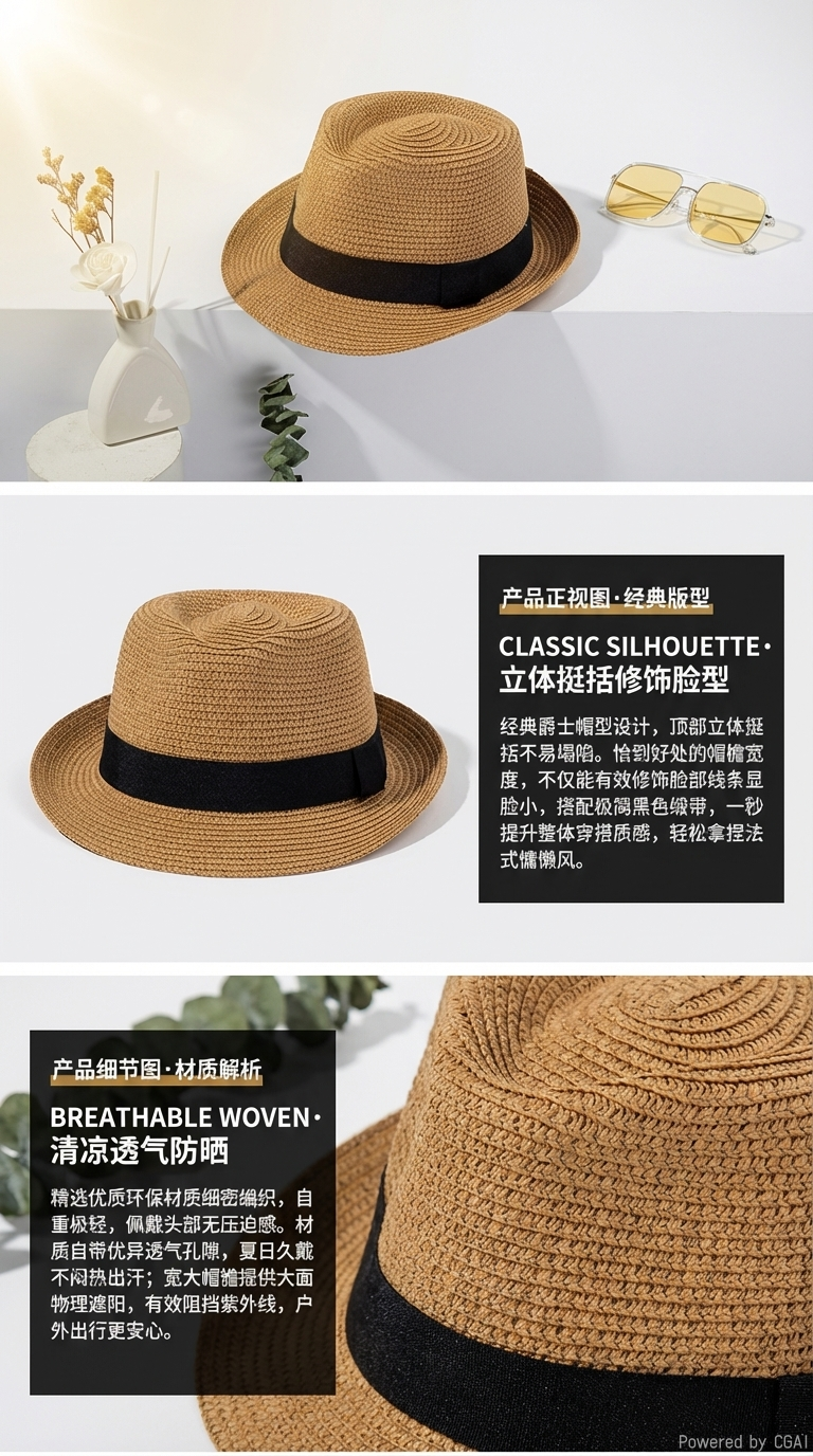 Cross-border exclusive summer sun protection hats, top hats for men and women, outdoor sun protection straw hats, straw woven jazz hats, rolled-up British hats, beach hats, outdoor leisure and vacation pic 2