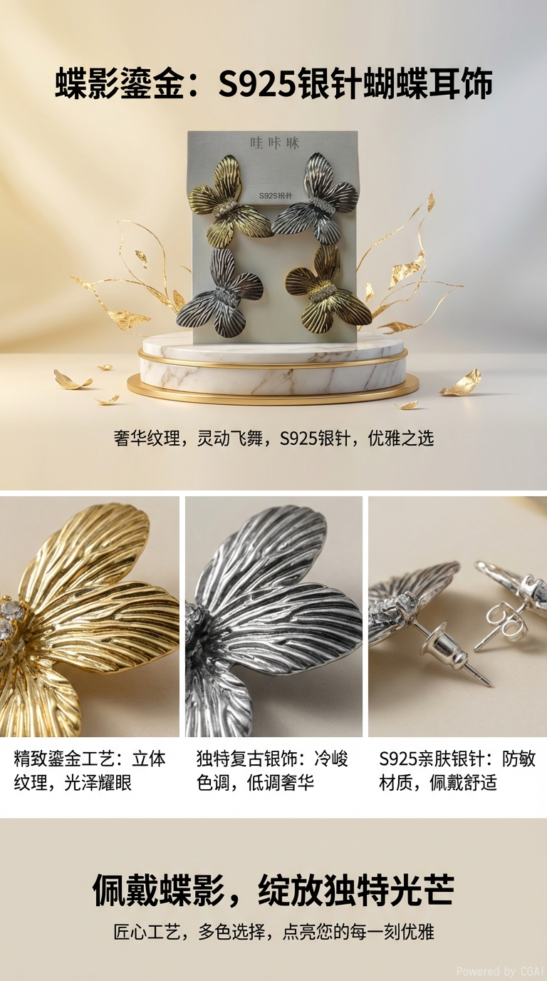 哇咔咪S925银针花朵耳环，金色与银色交织，精致优雅，点缀生活美学。详情1