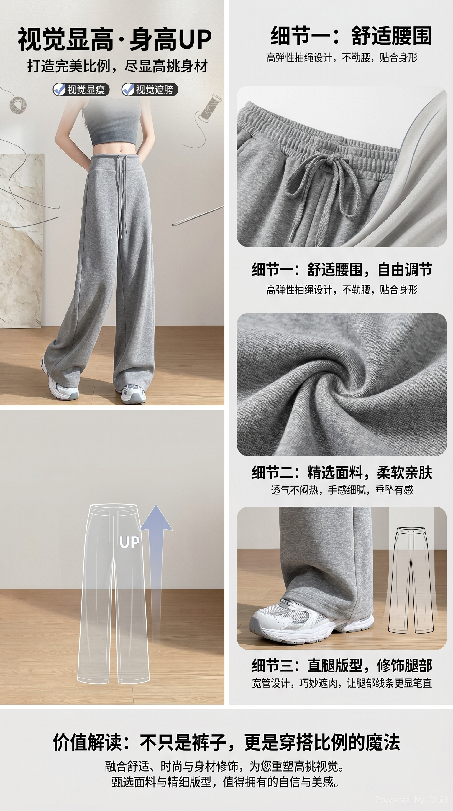 灰色阔腿休闲卫裤 针织运动裤 模特同款详情1