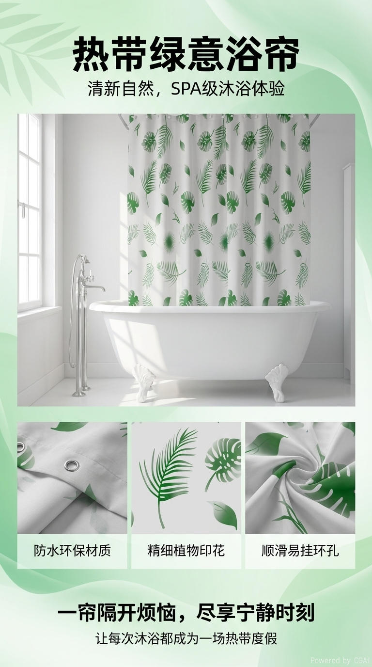 六款布艺浴帘包装好蓝色圆形粉色水滴黑白叶子彩色花朵蓝色浪花黄绿条纹防水隔断帘141437256详情1