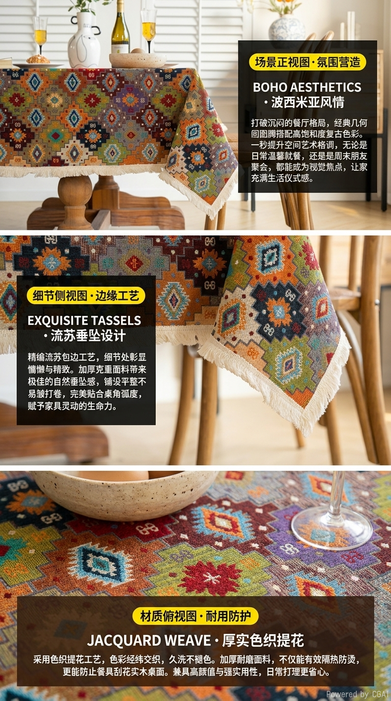博杰家纺波西米亚桌布法式复古餐桌布布艺棉麻彩色流苏民族风几何田园美式详情2