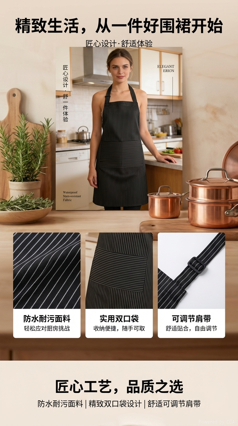 外贸批发优质涤棉条纹围裙咖啡店餐饮店男女工作围裙详情1