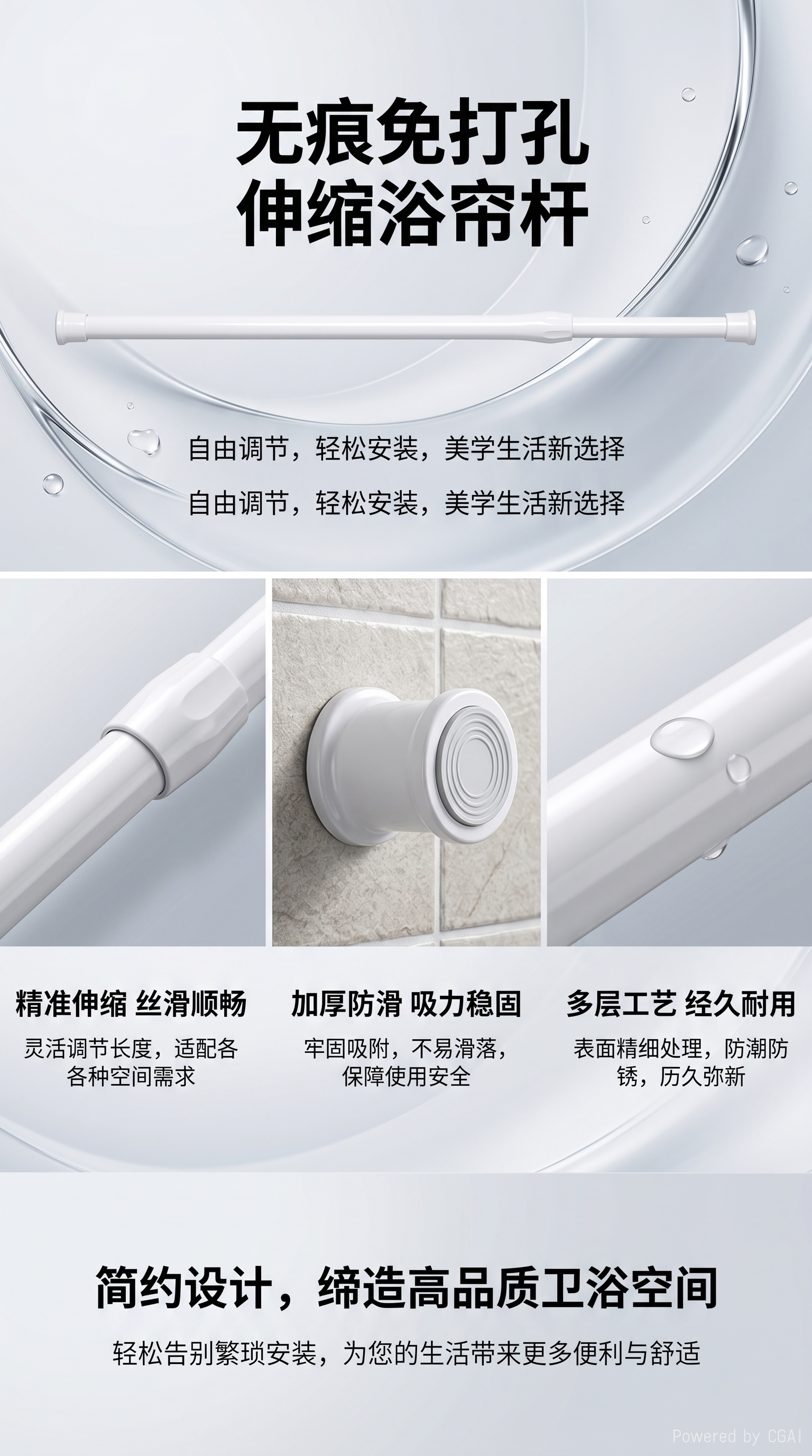 白色免打孔伸缩晾衣杆浴帘杆衣架杆凉衣服挂衣架详情1