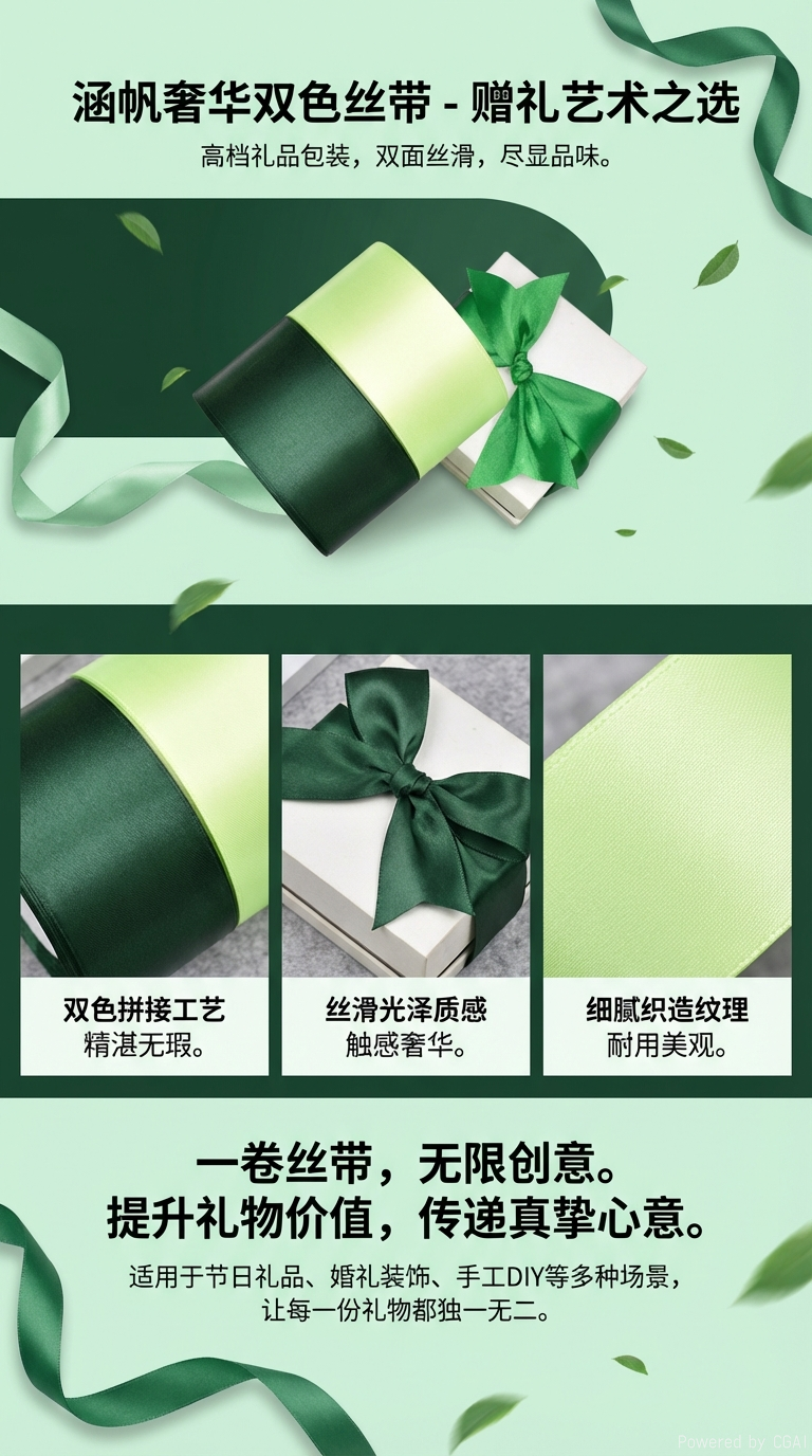 Green ribbon ribbon roll decorative items, handcrafted materials, festival gift box packaging, decorative ribbon long roll pic 1