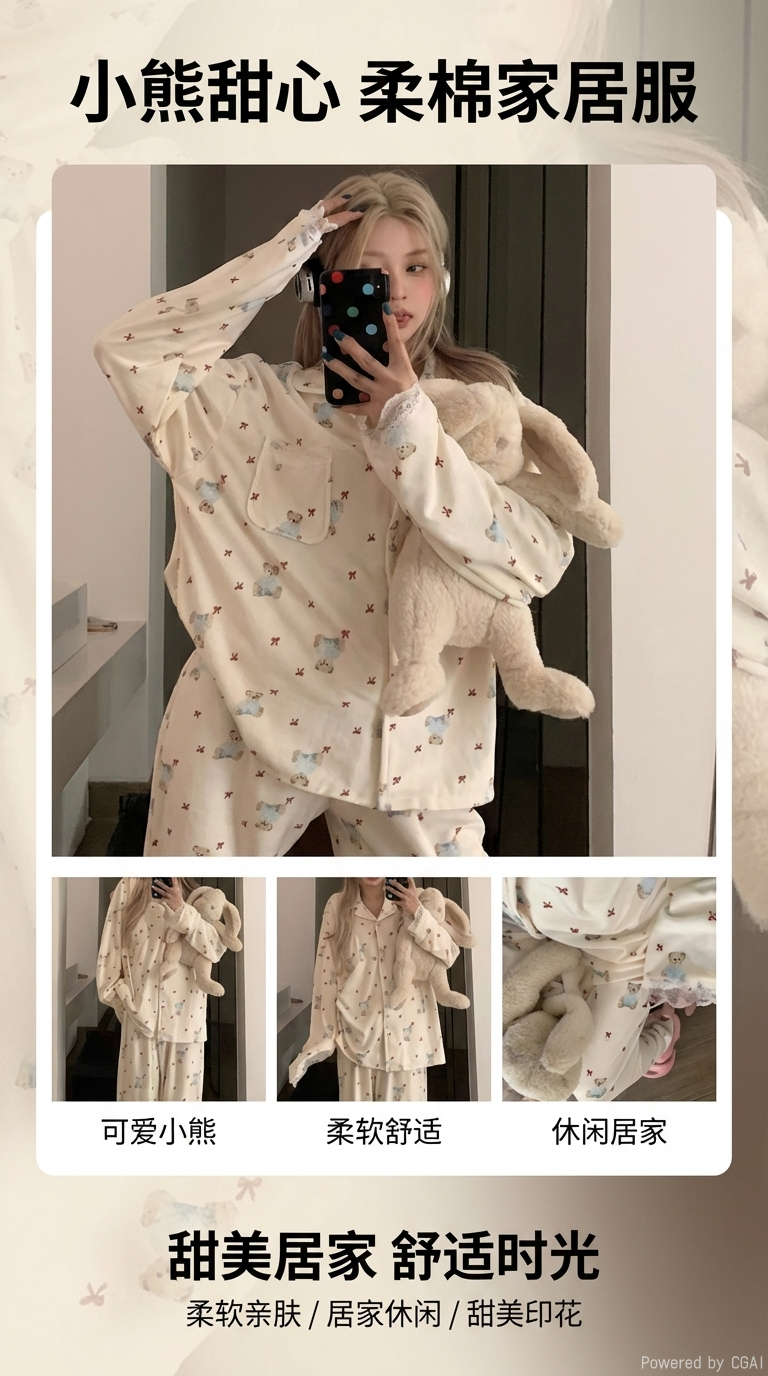 可爱小熊图案儿童莫代尔棉睡衣套装童装居家服详情1
