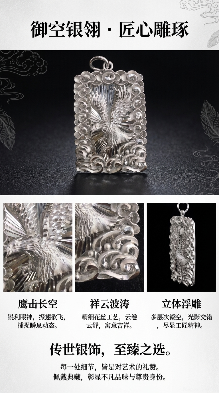 萍聚银楼999足银民族风老鹰吊坠复古项坠搭汉服详情1