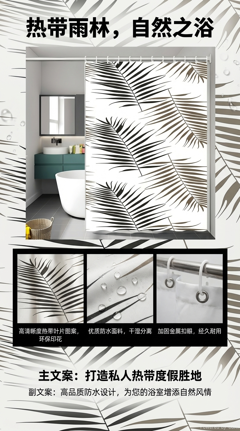 热带植物图案免打孔浴帘隔断帘洗手间防水布折叠浴室后门帘083555203详情1