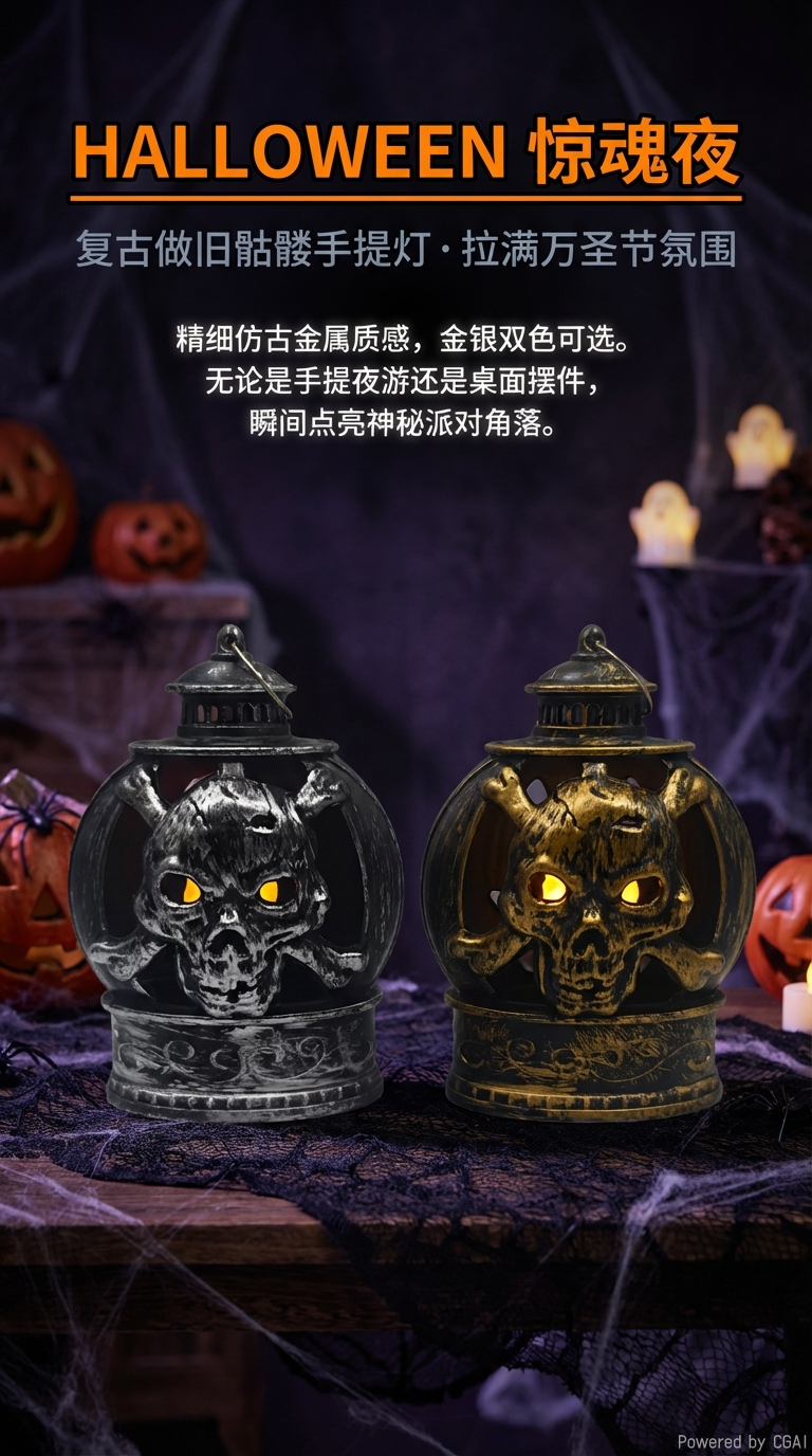 万圣节仿古做旧发光南瓜骷髅扁灯摆件场景氛围布置详情1
