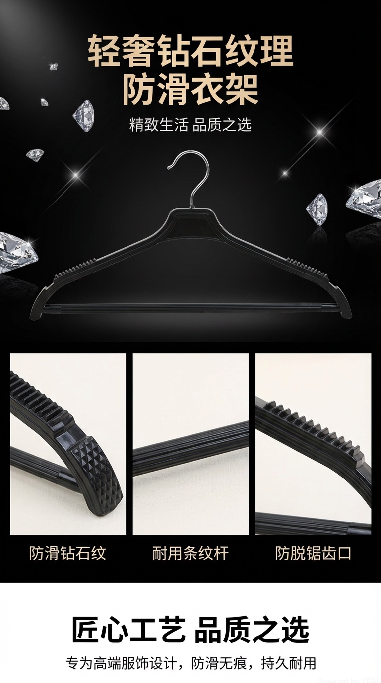 塑料仿夹板衣架实心防滑黑色带横杆服装店挂衣架成人衣挂厂家直销详情1