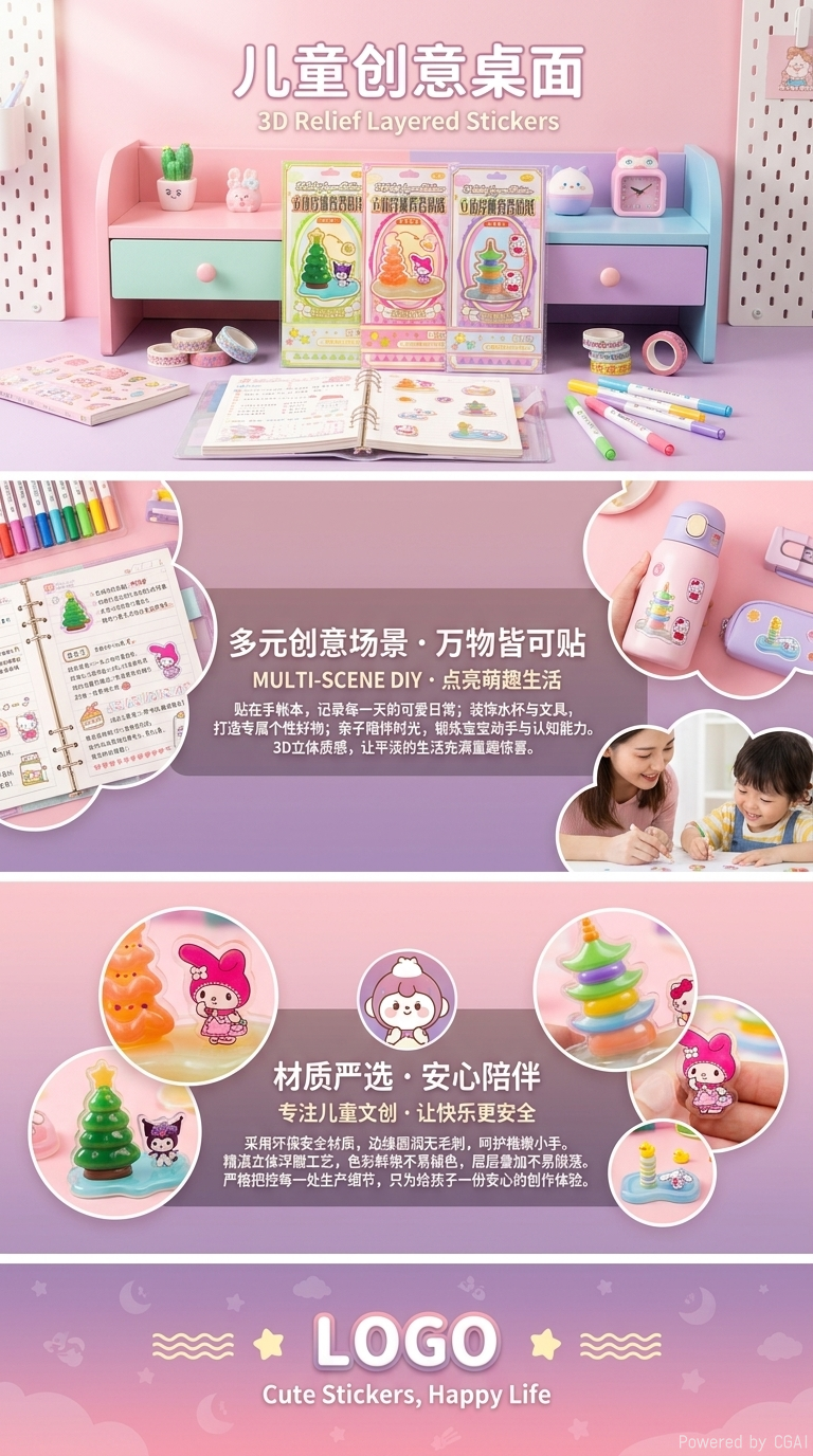 ZC 325 embossed Jenga Stickers 8 cute cartoon stickers that can be reused pic 2