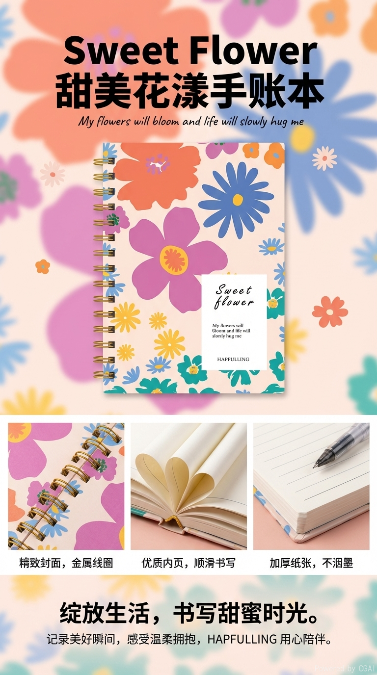 Donghu Paper Products A5 High appearance level, InS-style flower coil notebook, artistic and girlish notebook, Spring Flower planner, New Atmosphere Creative notebook pic 1