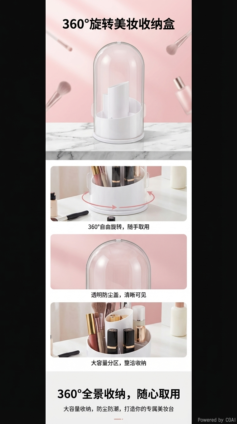 360旋转化妆刷收纳桶 梳妆台眉笔眼影刷防尘带盖笔筒收纳盒详情1