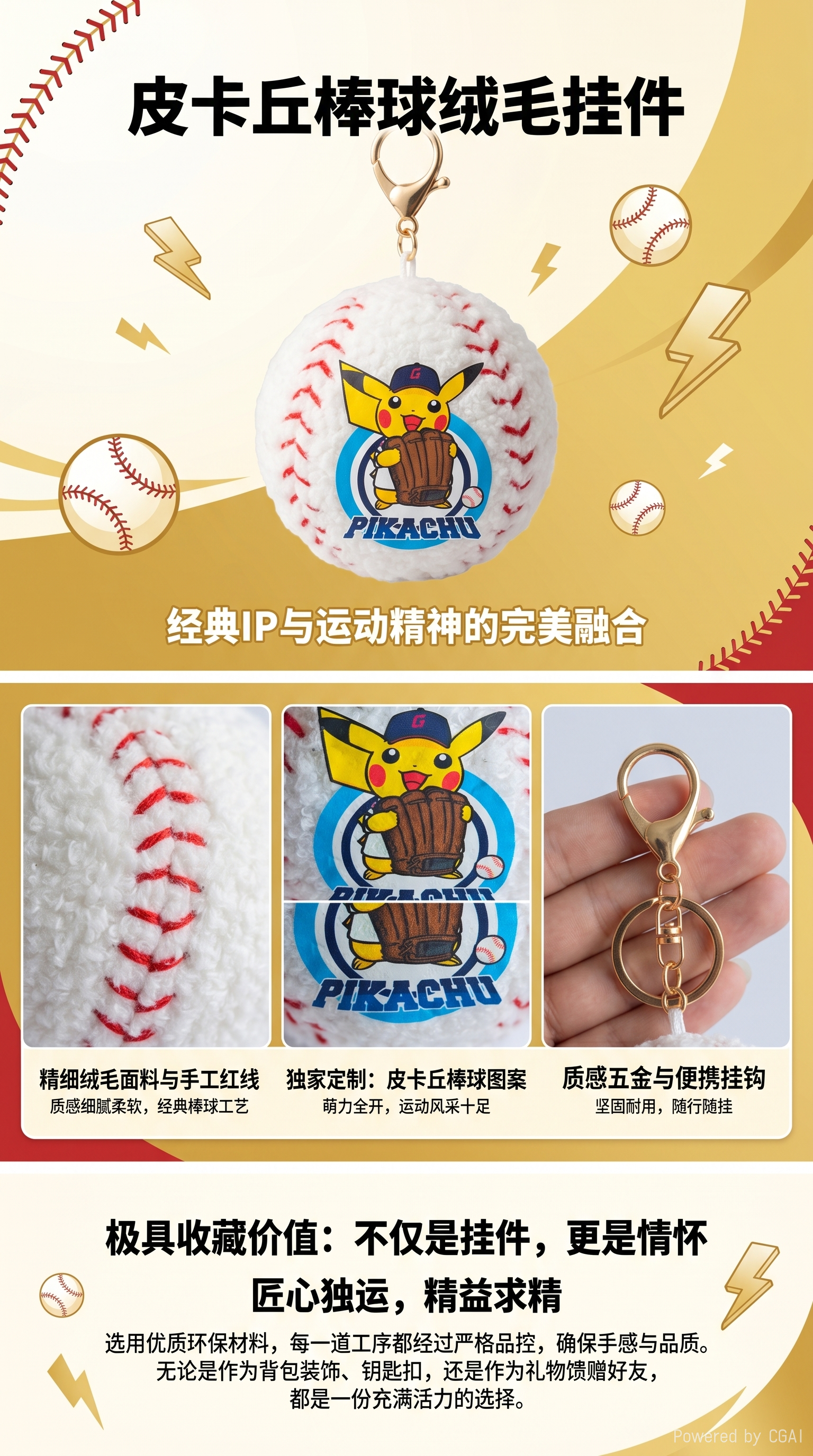 Plush Pikachu baseball keychain pendant, plush ball customization, football, volleyball customization pic 1
