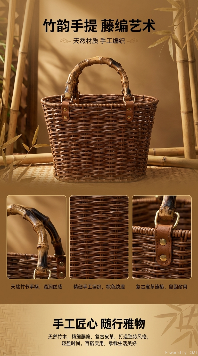 Imitation rattan hand-held storage basket, plastic rattan woven egg-shaped fruit carrying basket, household storage basket that can be carried, imitation bamboo handle grocery basket pic 1
