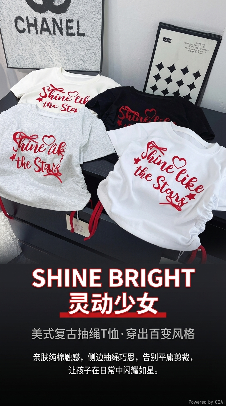 四件装Shine like the Stars红色刺绣T恤男式休闲短袖详情1