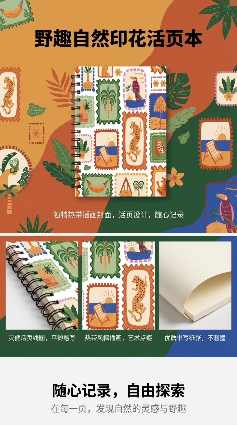 Donghu Paper Products A5 Tropical Style Coil Notebook, Tropical Jungle Leopard Print Hand-drawn Notebook, portable horizontal line Notepad for students pic 1