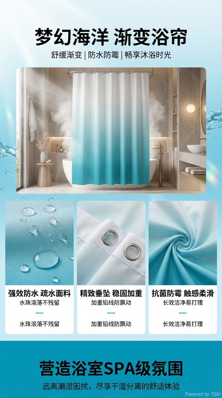 六款布艺浴帘包装好蓝色圆形粉色水滴黑白叶子彩色花朵蓝色浪花黄绿条纹防水隔断帘141451053详情1