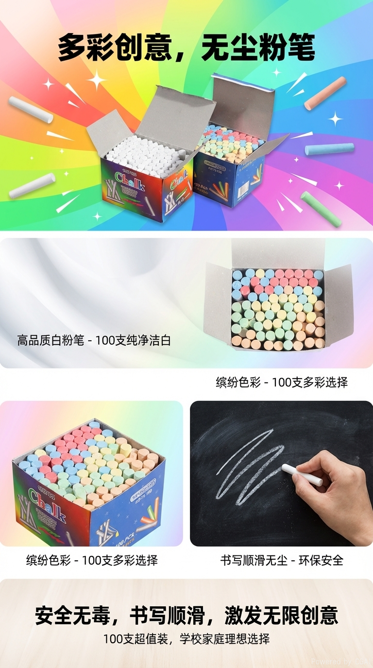 厂家现货供应学生教学无尘粉笔 白色彩色儿童100支装粉笔批发详情1