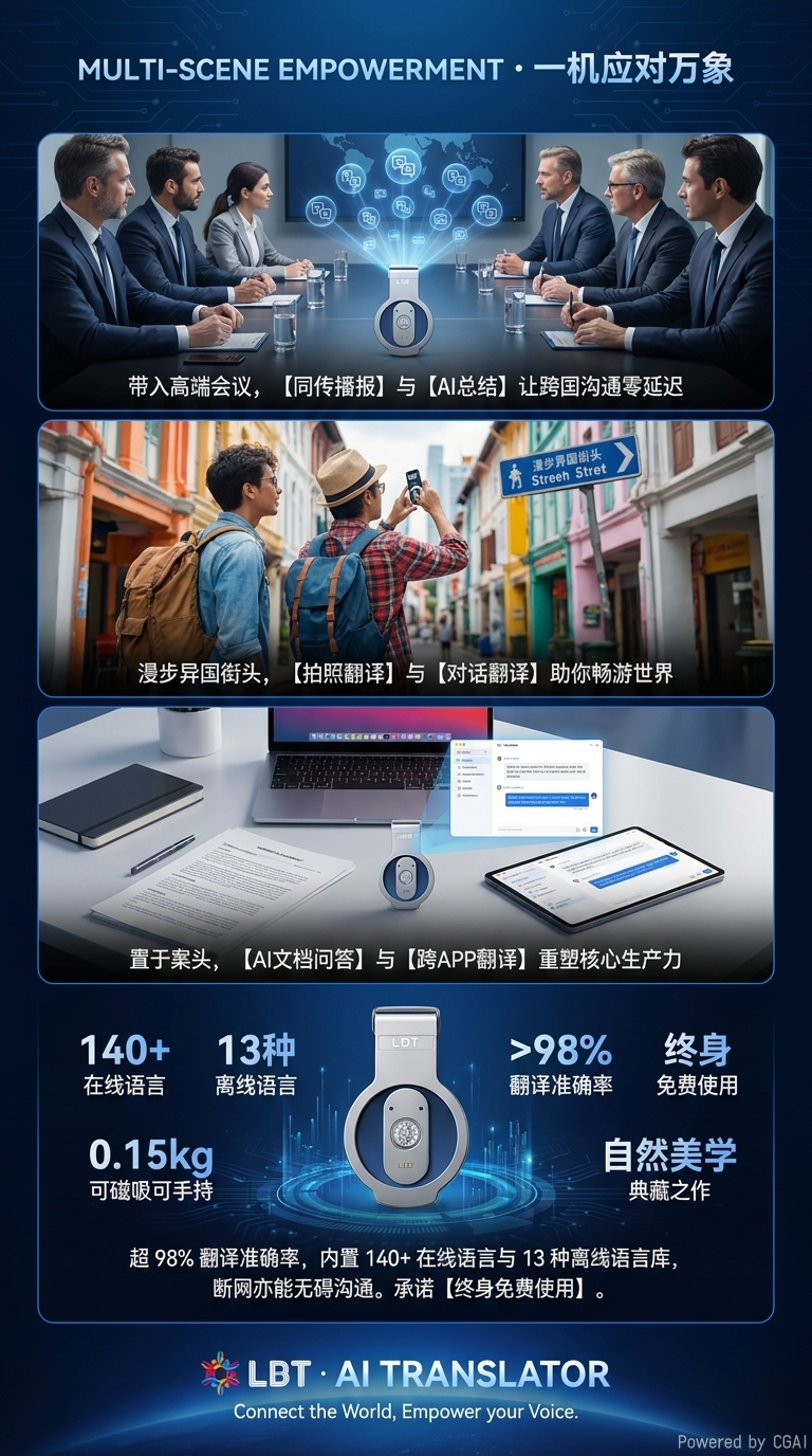 LBT赛尔AI翻译器 AI翻译机 外贸翻译器 离线翻译机 一键生成会议纪要 思维导图 同声传译 视频通话翻译 跨app翻详情3